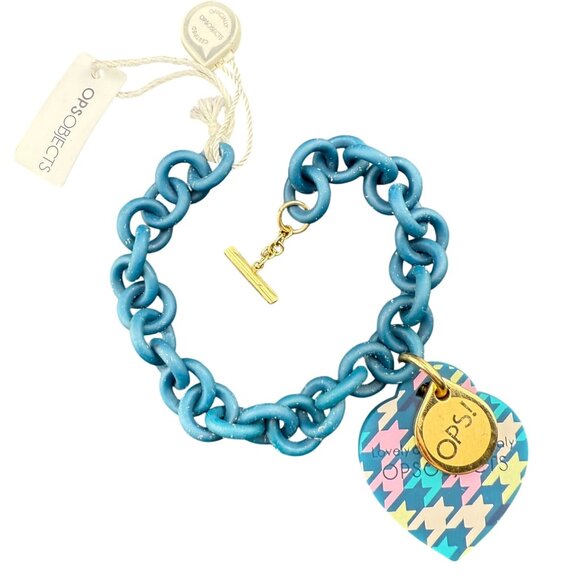Ops! Objects Chain Bracelet Blue With Heart Houndstooth Pendant Toggle Closure I - Picture 1 of 7